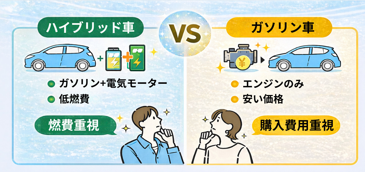 ハイブリッド車とガソリン車の比較（左：ハイブリッド車＝ガソリン＋電気モーター・低燃費・燃費重視／右：ガソリン車＝エンジンのみ・安い価格・購入費用重視）