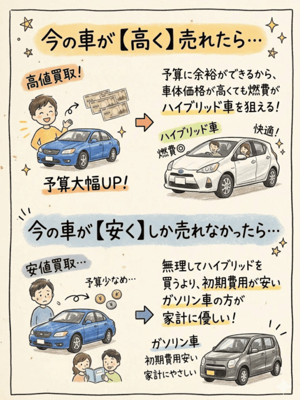 今の車が【高く】売れたら予算大幅UPで燃費の良いハイブリッド車も狙える、逆に【安く】しか売れなかったら初期費用が安いガソリン車の方が家計に優しい、という売却額による買い替え