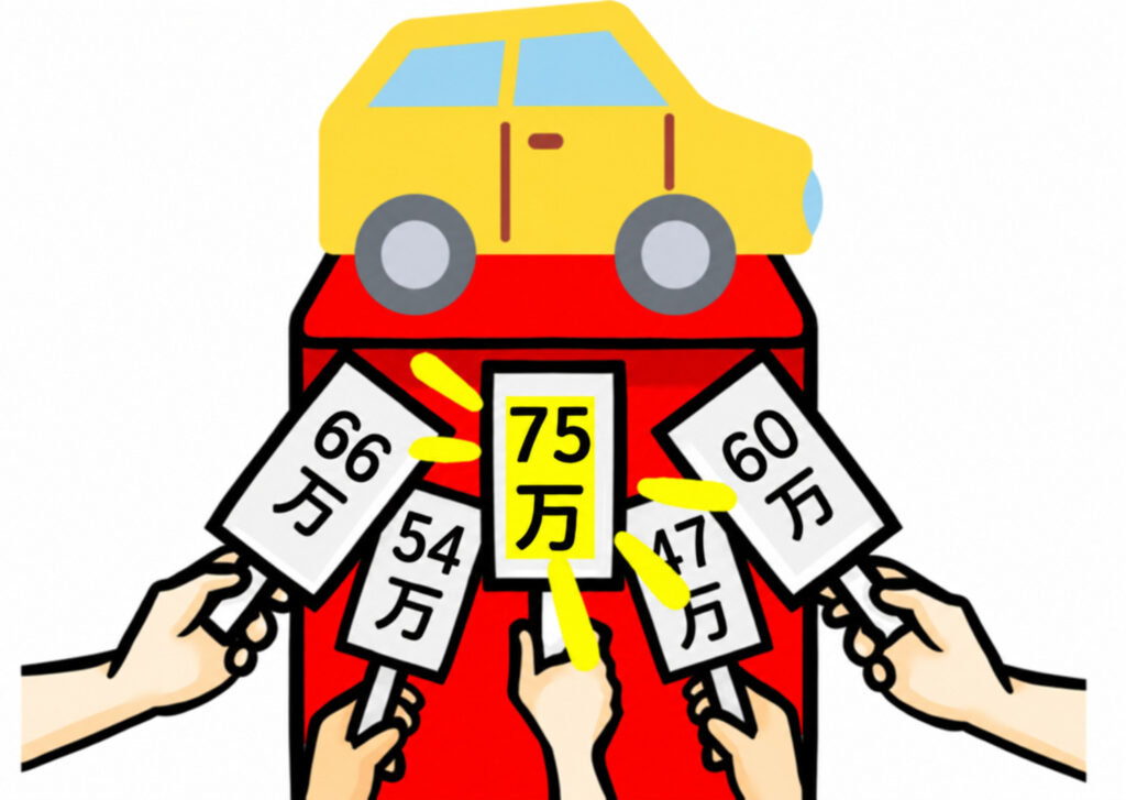 赤い台に乗った黄色い車に向けて、複数の手が査定額の書かれた札を挙げているイラスト。様々な金額が提示される中、一番高い「75万」の札が黄色く光って強調されている