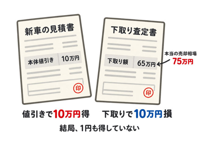 「新車の値引きで10万円得しても、下取り額が相場より10万円安いため、結果的に1円も得していないことを示す図解」