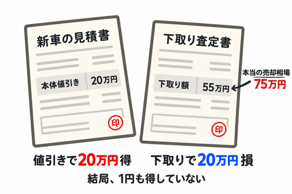 新車の見積書で20万円値引きされても、本当の売却相場が75万円の車を55万円で下取りされ、結局1円も得をしていないことを説明する図