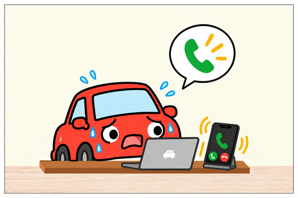 パソコンの前でスマートフォンの着信に焦って汗をかいている赤い車のキャラクター