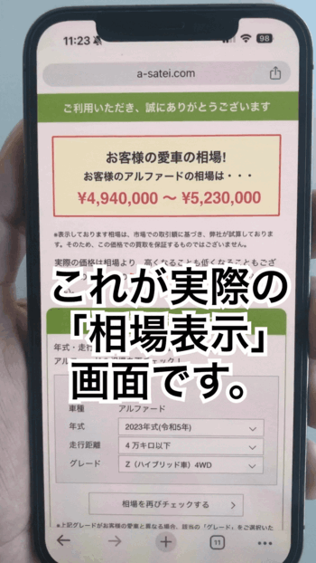 「これが実際の『相場表示』画面です。」という文字が大きく配置された、スマートフォンの愛車査定結果画面